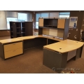 Blonde and Grey U / C Suite Bow Front Desk with Overhead Storage